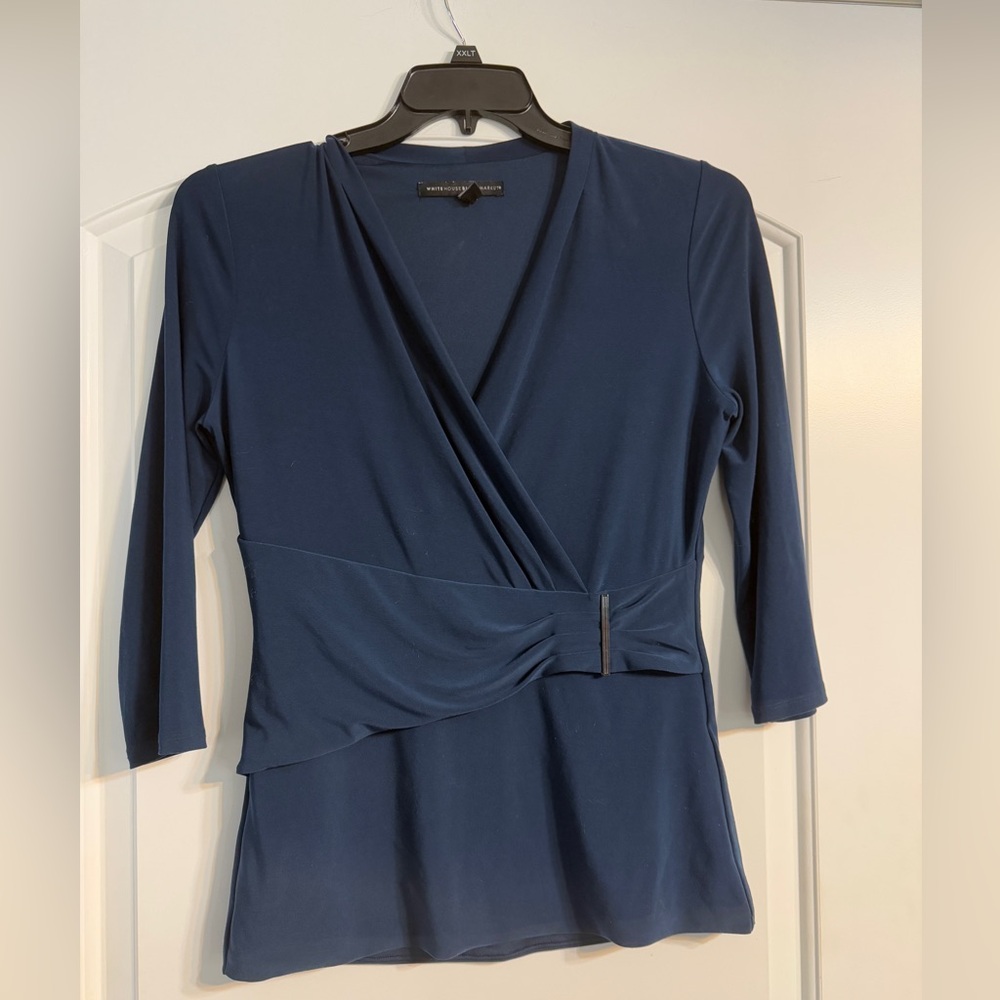 White House Black Market Wrap Top Small Navy Blue 3/4 Sleeve